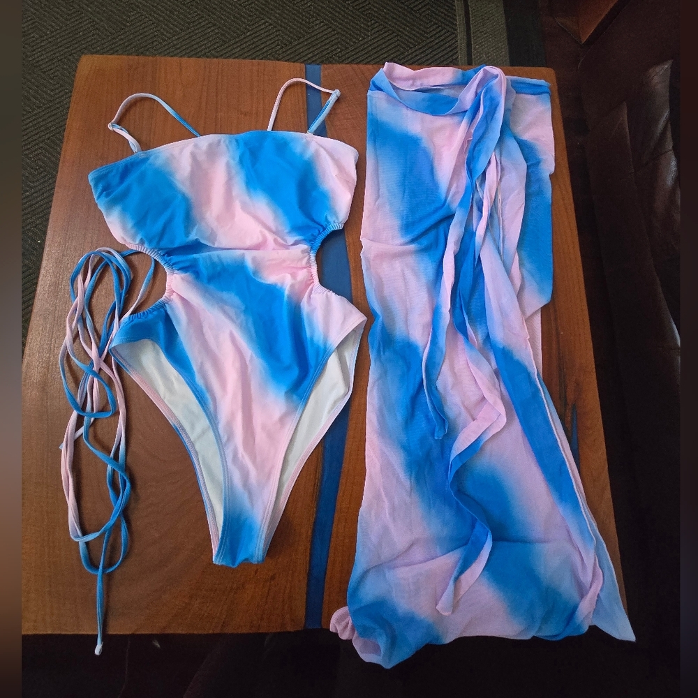 Blue & Pink Tie-Dye One-Piece Swimsuit with Sheer Sarong